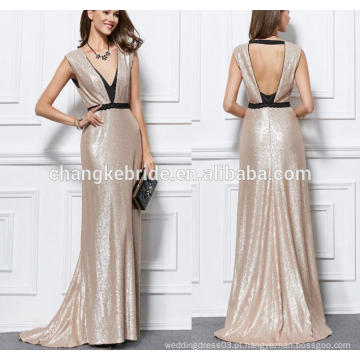 Sexy Evening Dress Deep V Neck Sequins Backless sem mangas Prom Dress For Women